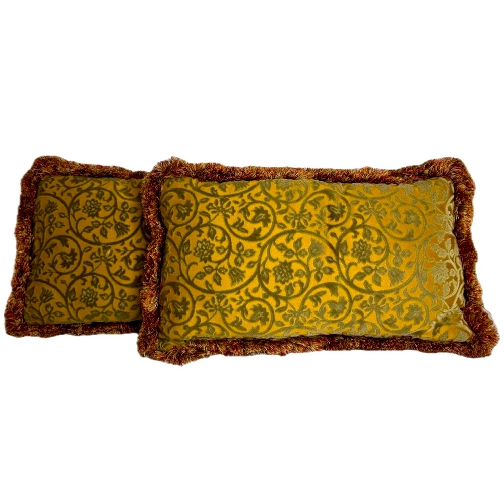Green & Gold velvet embroidered floral Oblong 
 cushion accent pillows ‎ fringe
